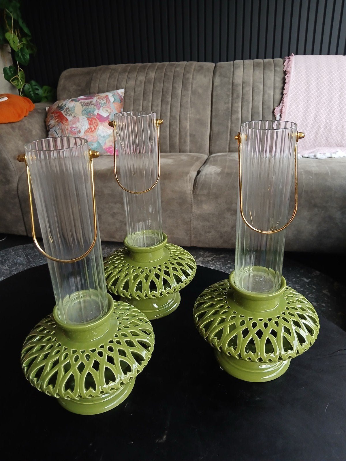 3x groene Intratuin windlicht/kaarsenhouder; 10.- per stuk!!, Groen, Overige stijlen, Ophalen of Verzenden, Zo goed als nieuw