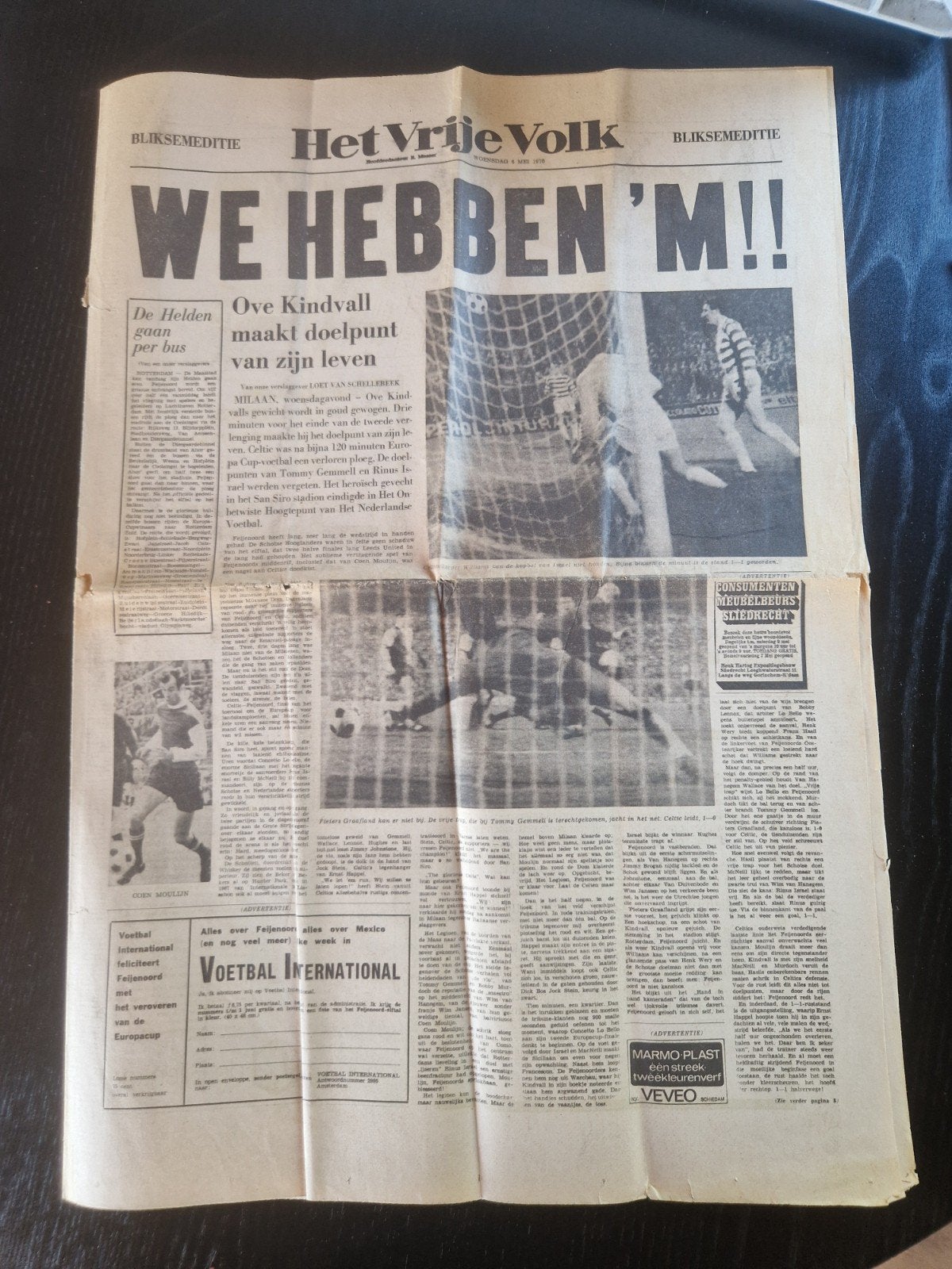 Feyenoord krant Het Vrije Volk bliksemeditie 6 mei 1970, Ophalen of Verzenden, Zo goed als nieuw, Krant