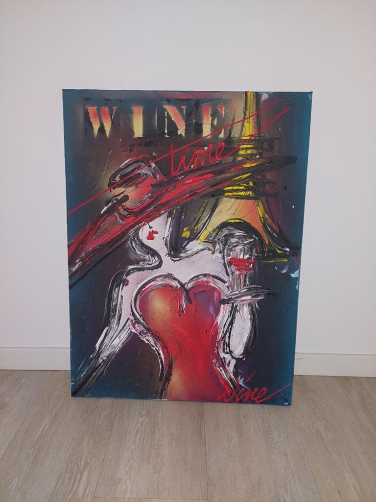 Schilderij 'Wine Time' - Modern kunstwerk met vrouw en wijn, Antiek en Kunst, Ophalen of Verzenden