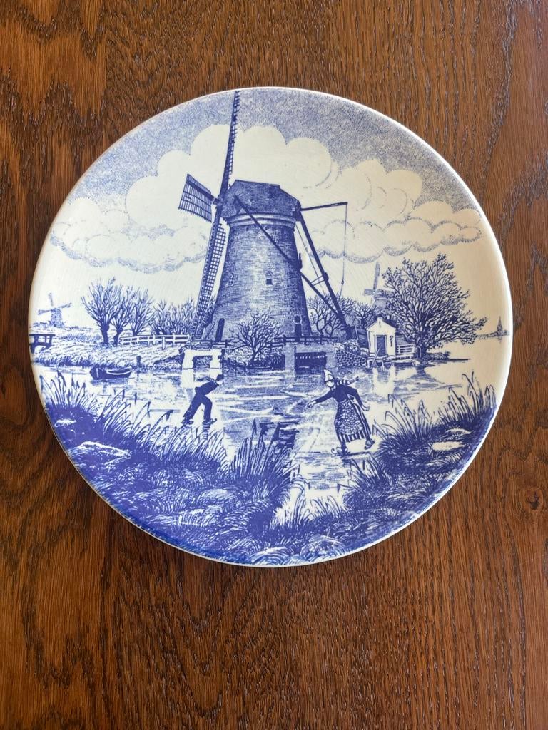 Delfts Blauw Wandbord Schaatsers en Molen, Ophalen