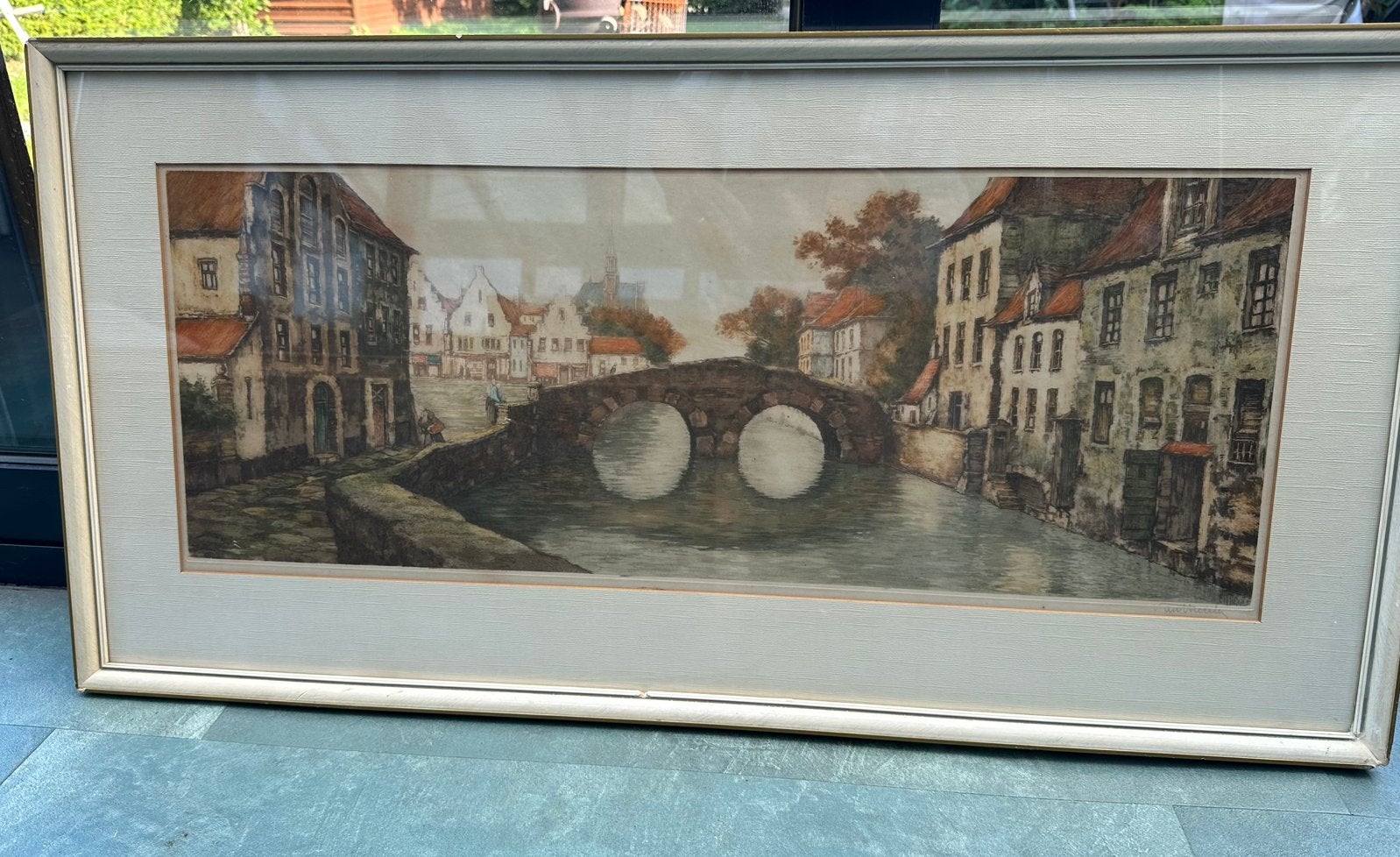 Gesigneerd van Meulen stadsgezicht met brug kleurenlitho, Ophalen, 30 cm, Stadsgezicht, 80 cm