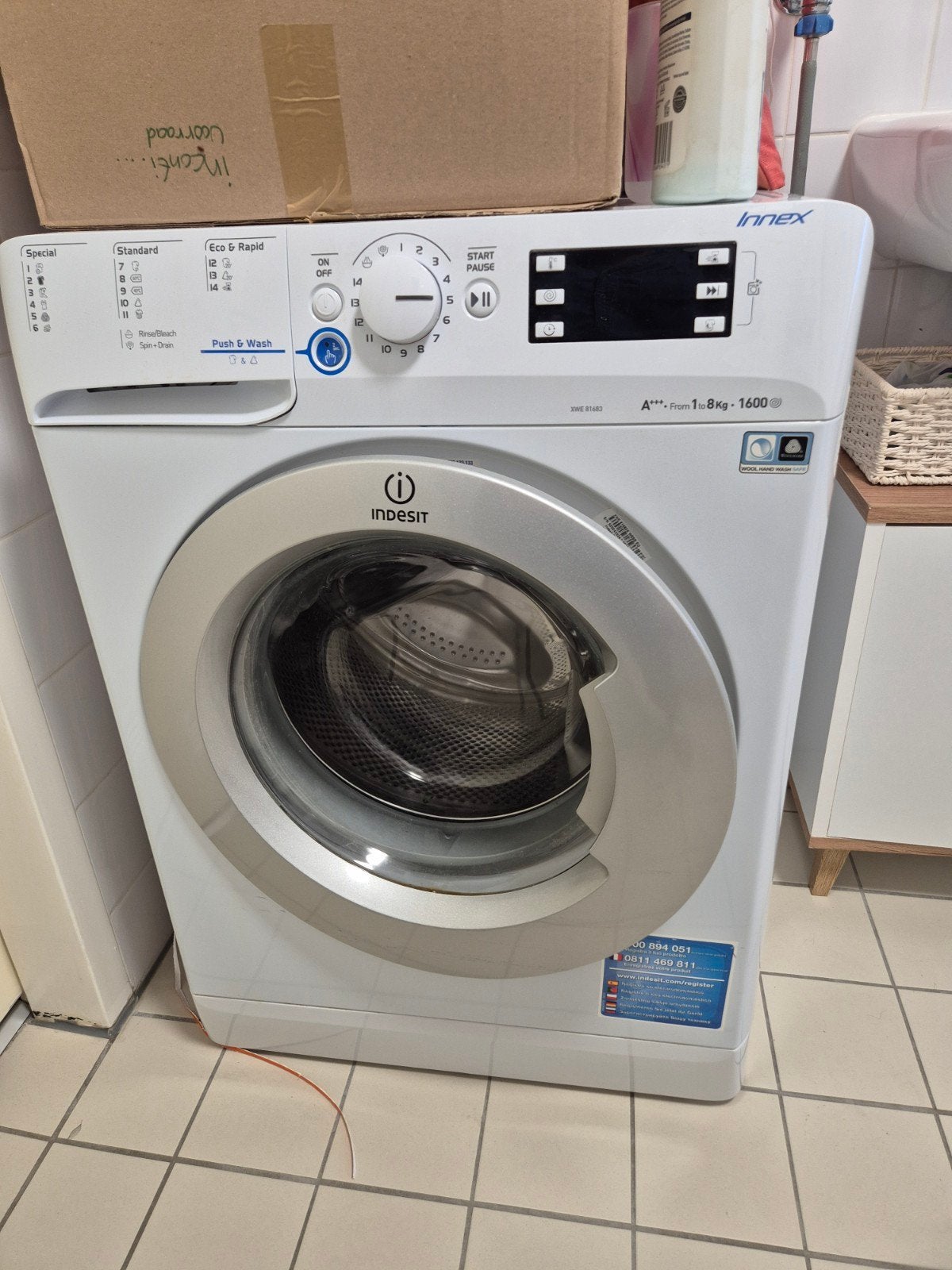Indesit Innex XWE 81683 Wasmachine A+++ 8kg 1600 toeren, Ophalen, 8 tot 10 kg, Voorlader, 85 tot 90 cm