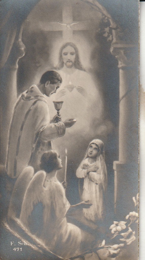 Antieke religieuze prent: Eerste Communie met Jezus en engel, Ophalen of Verzenden, Gebruikt, Kaart of Prent, Christendom | Katholiek