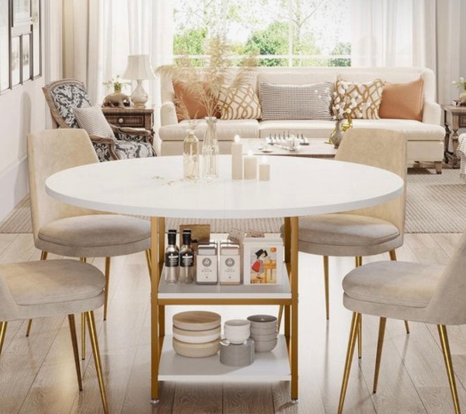 Tribesigns Ronde Eettafel 120 cm Wit/Goud – Nieuw in Doos, Huis en Inrichting, Ophalen, Zo goed als nieuw, Rond, 100 tot 150 cm