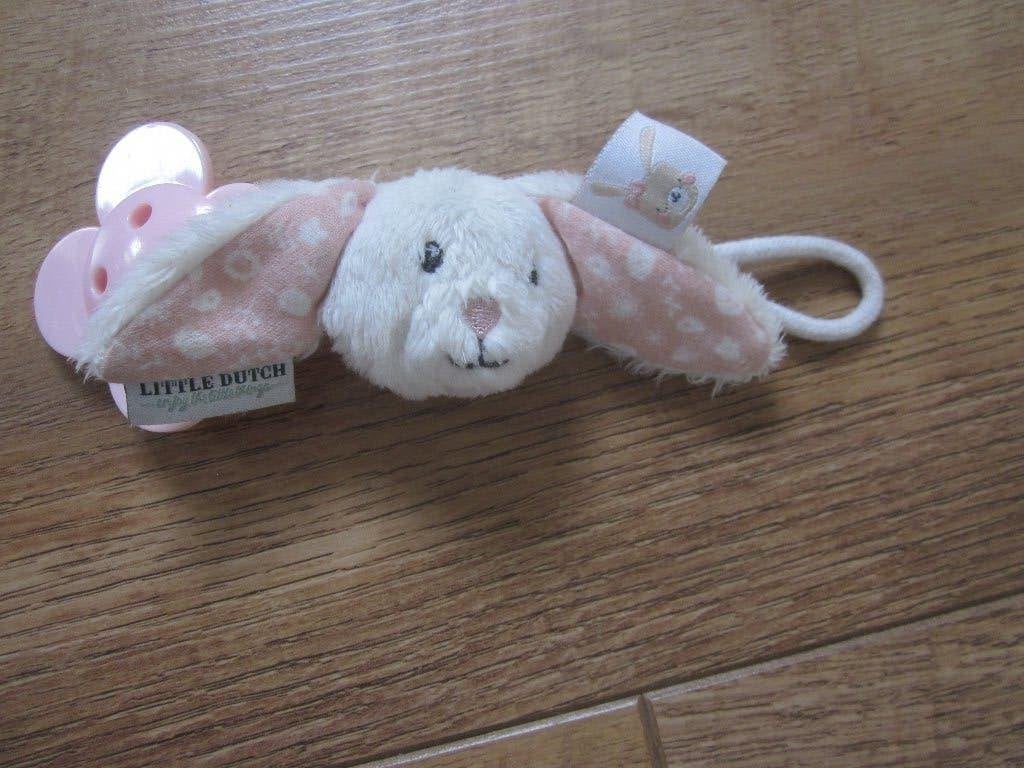 Little Dutch roze-wit zacht pluche konijn speenknuffel-koord, Overige karakters, Little Dutch, Konijn, Ophalen of Verzenden