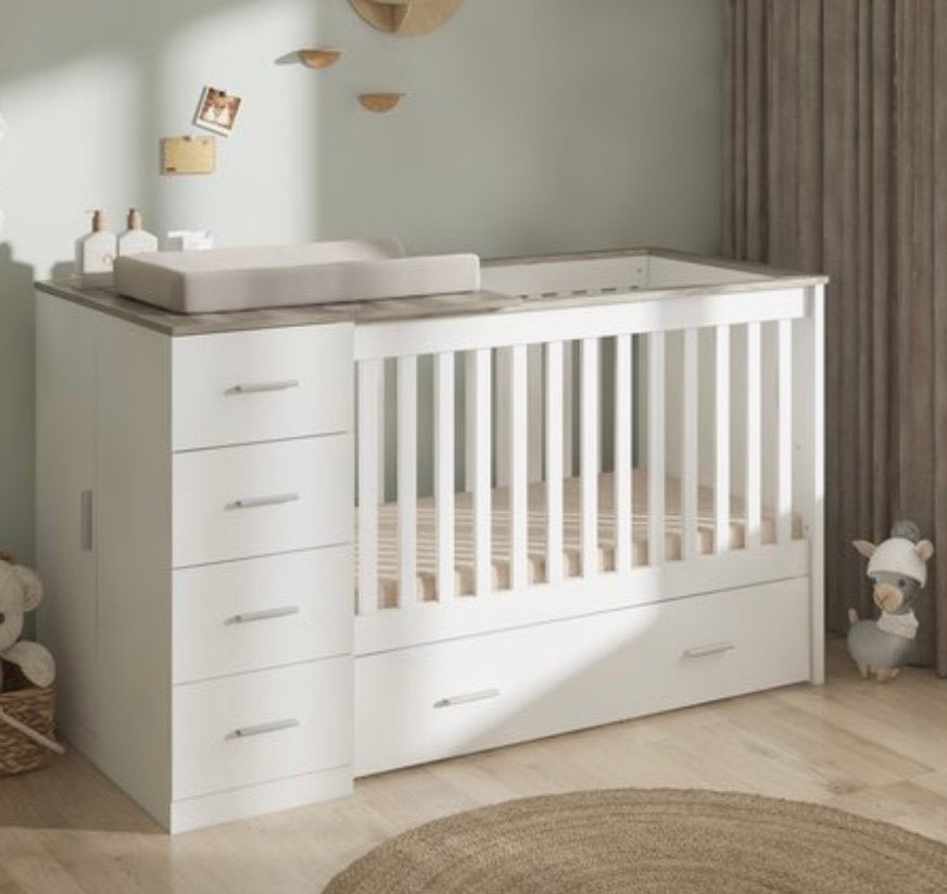 Combi ledikant memphis - Wit/Hout BABY BED, Ophalen, Zo goed als nieuw, Ledikant