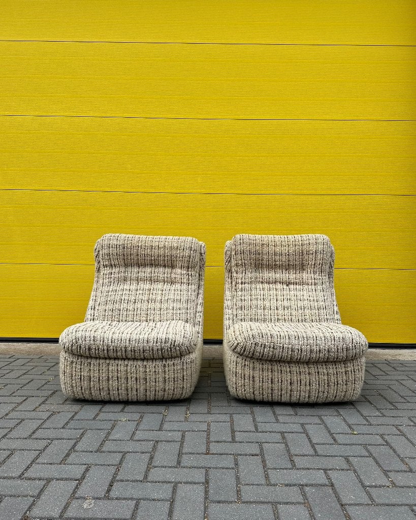 Vintage set lounge fauteuils - Gewoven creme/ beige/ bruin, Ophalen, Gebruikt, 75 tot 100 cm, Stof