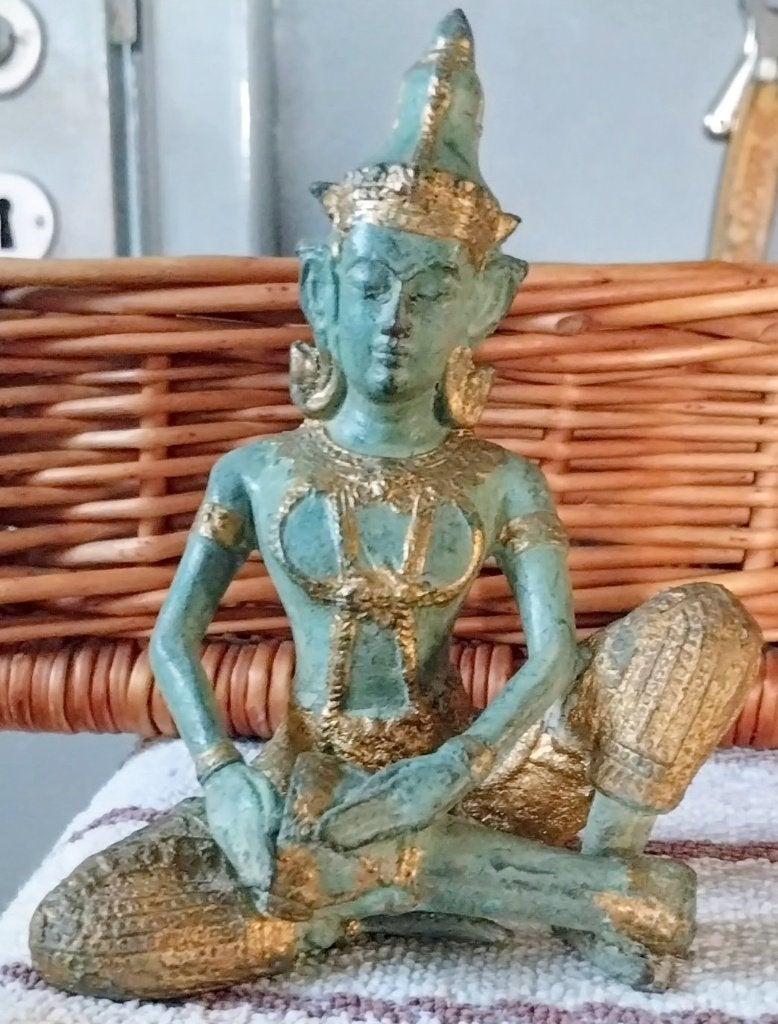 Oude Tempelwachter Thailand,Muziekant,brons Boeddha,Buddha,,, Huis en Inrichting, Woonaccessoires | Boeddhabeelden, Gebruikt, 15 cm
