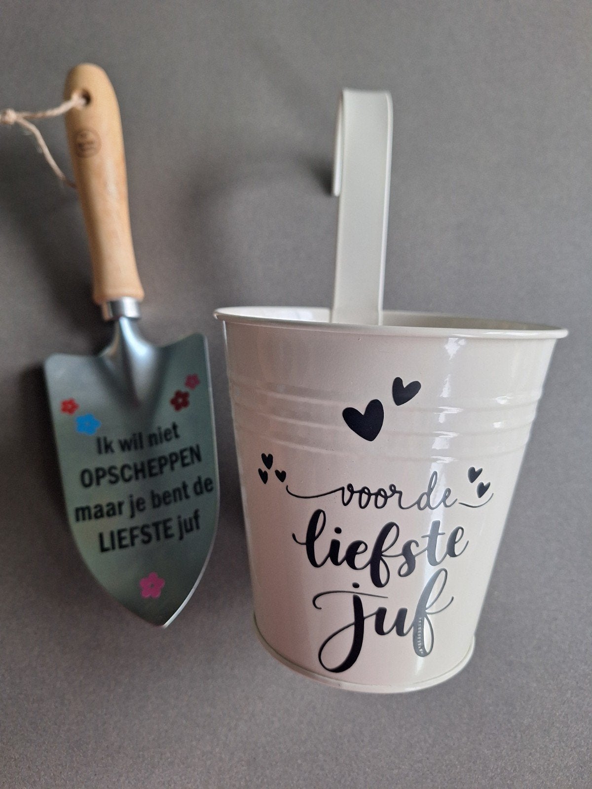 Bedankje juf: Schepje met tekst & hangbloempotje, Ophalen of Verzenden, Nieuw, Schop, Garden Touch