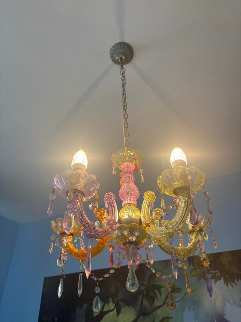 Kroonluchter kleurrijk met glazen kralen, Huis en Inrichting, Lampen | Kroonluchters, Ophalen, Zo goed als nieuw, Glas