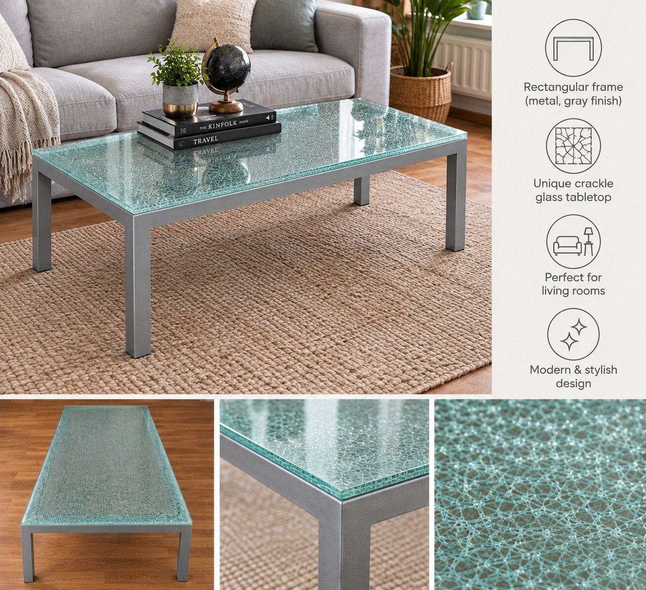 Moderne salontafel met uniek craquelé glazen blad, 100 tot 150 cm, Nieuw, Glas, Modern en stijlvol