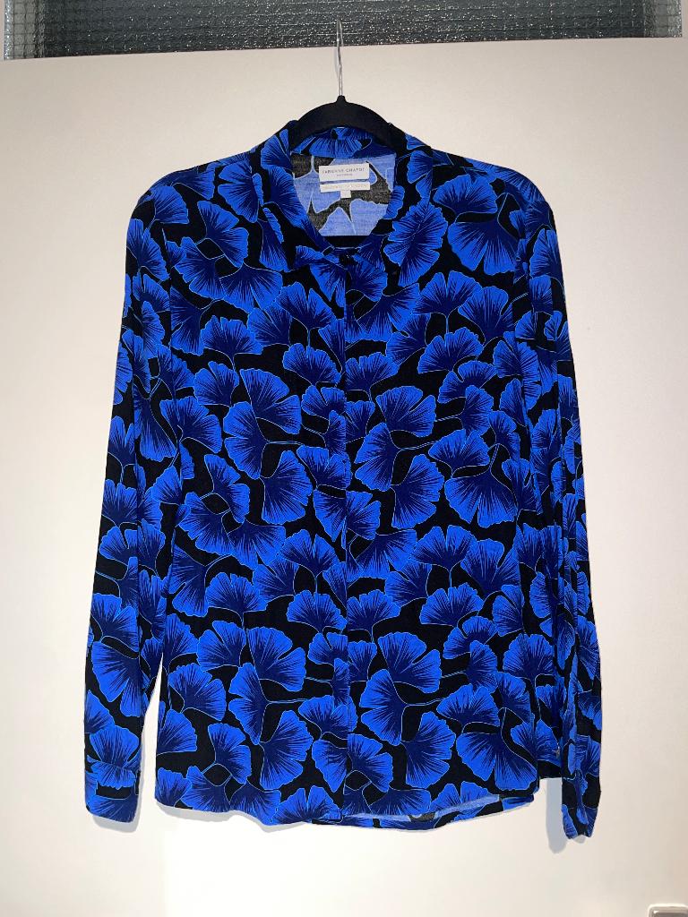 Fabienne Chapot zwart blauwe ginkgo print blouse top mt L, Kleding | Dames, Blauw, Maat 42/44 (L), Ophalen of Verzenden, Zo goed als nieuw