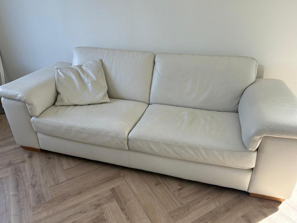 Natuzzi Bank, Fauteuil en Poef - Wit Leer, Ophalen, Gebruikt, Leer