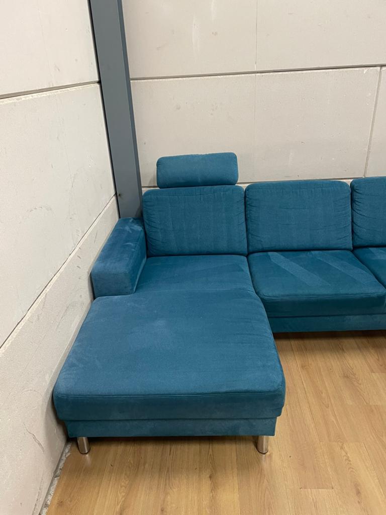 Mooie luxe suede blauwe MONTEL u bank - GEREINIGD!!!, Ophalen, Luxe, Hoekbank, 300 cm of meer