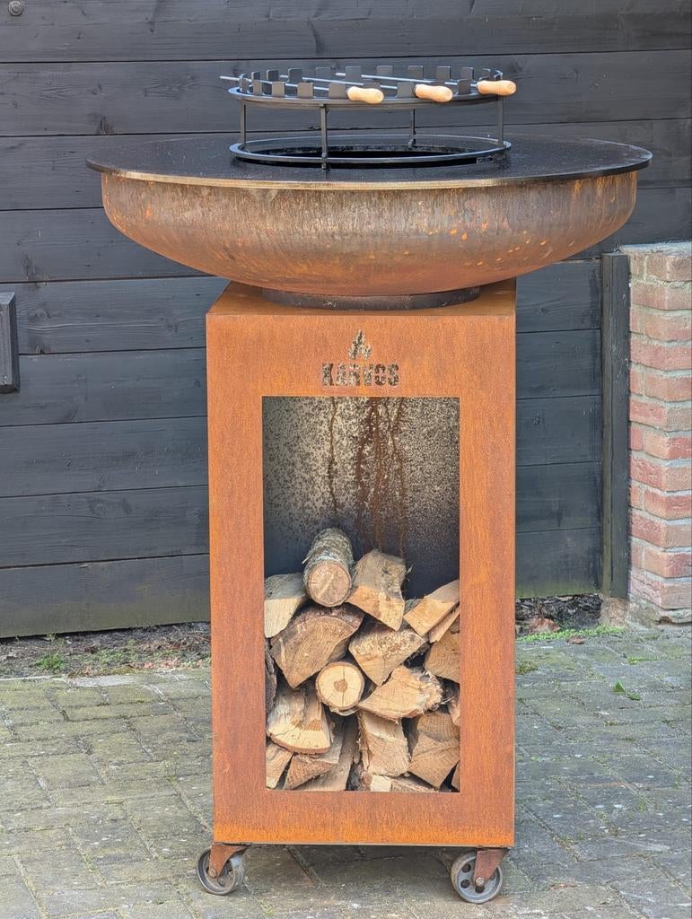 BBQ Plancha met cortenstaal vuurschaal en sokkel op wielen, Ophalen of Verzenden, Nieuw, KARVOS, Met accessoires