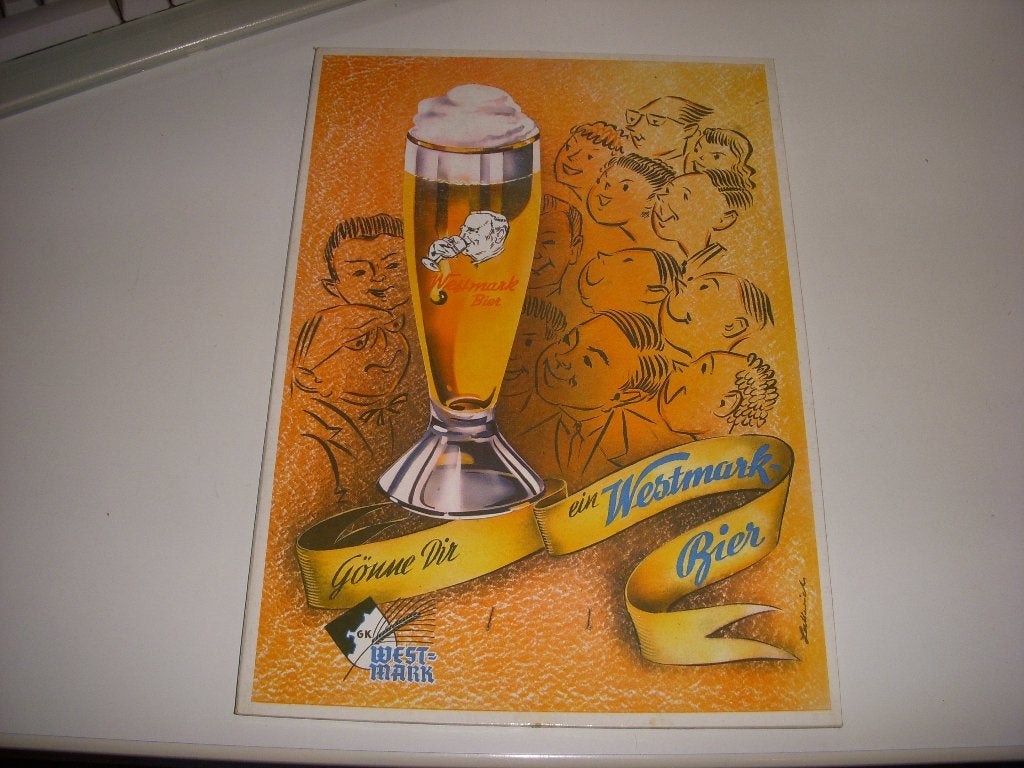 LEUK oud reclamebord Westmark bier Duitsland jaren 50, Ophalen of Verzenden, Gebruikt, Reclamebord, Plaat of Schild, Overige merken