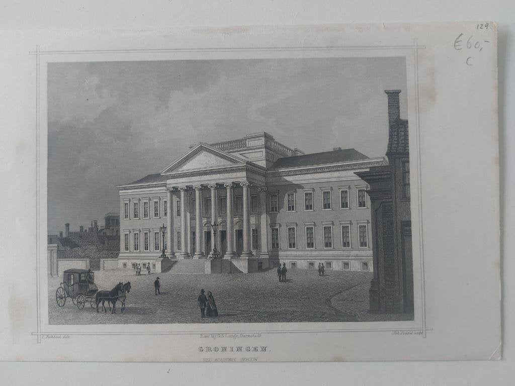 129 / Groningen het Academiegebouw Gravure uit 1860 Terwen, Ophalen of Verzenden