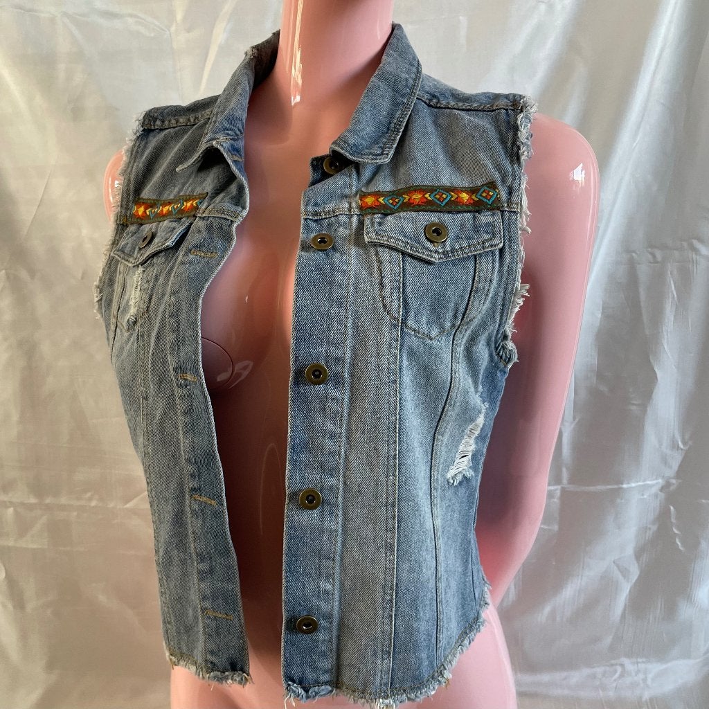 Boho denim gilet spijkervest, maat S/M. Festival Aztec, Maat 38/40 (M), Blauw, Ophalen of Verzenden, Zo goed als nieuw