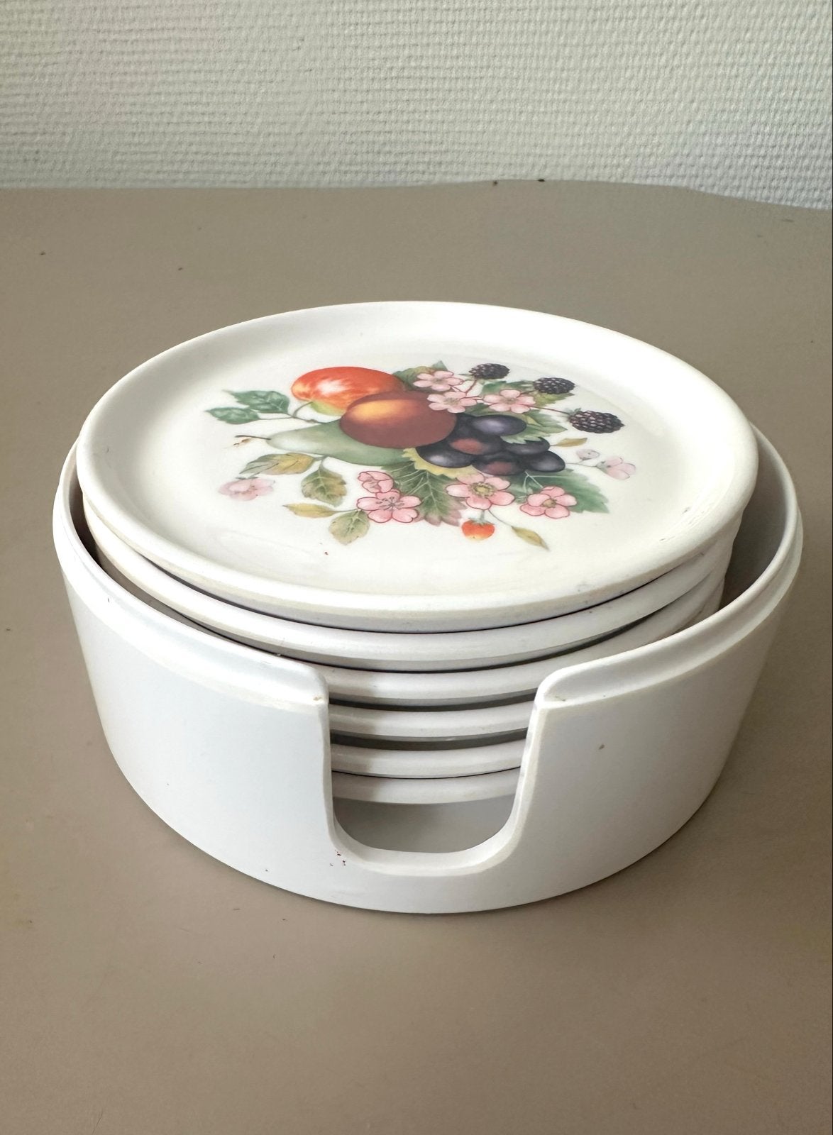 Cloverleaf houder met 6 onderzetters- fresh fruit, Gebruikt, Glasonderzetter, Meerkleurig, Ophalen of Verzenden