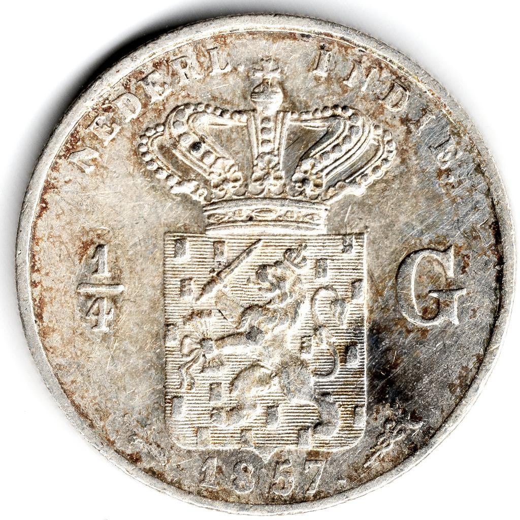 Nederlands Indië: kwart gulden 1857 ZF+ ZELDZAAM, Postzegels en Munten, Munten | Nederland, Koning Willem III, Zilver, 25 cent