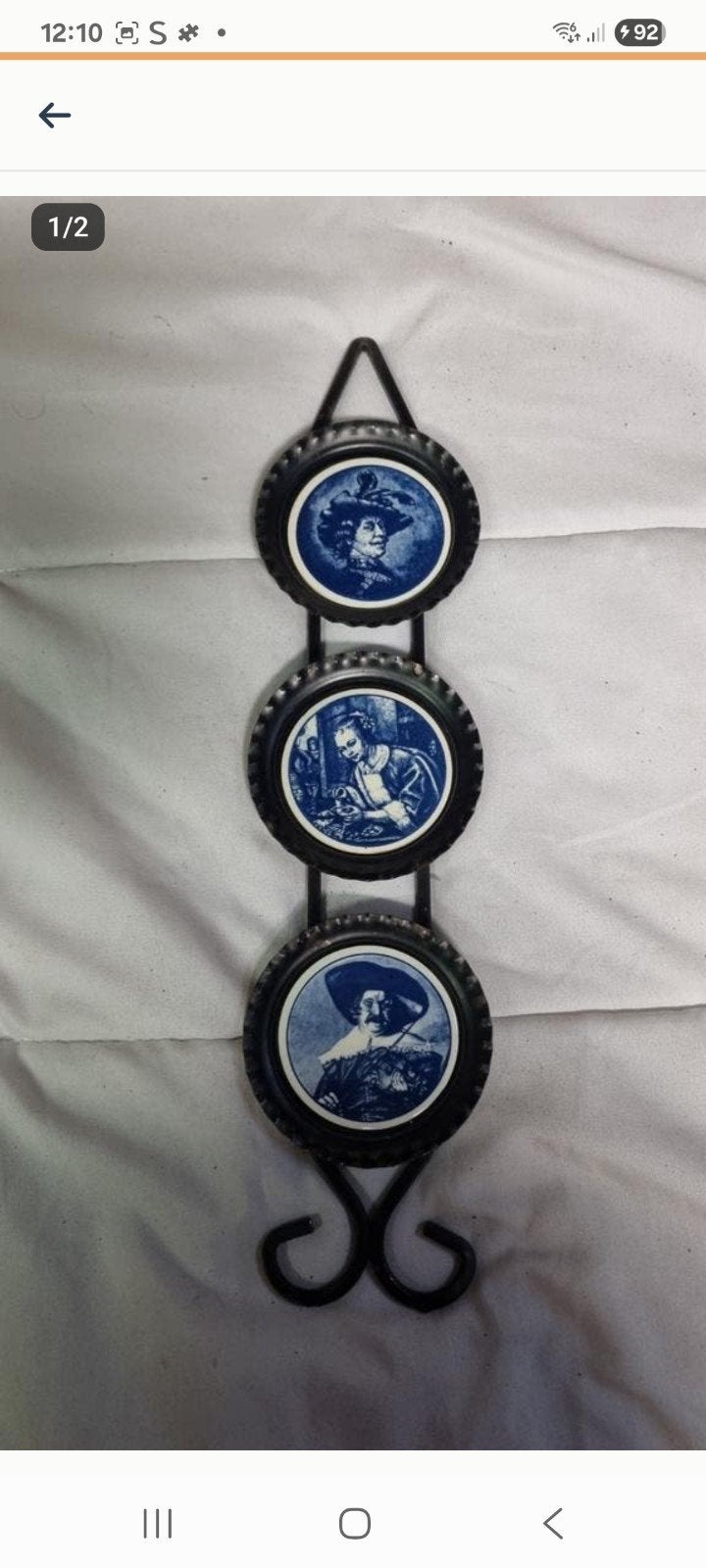 Oude hanger met drie Delfts blauwe afbeeldingen in metaal, Ophalen of Verzenden, Gebruikt