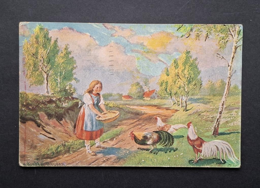 brocante ansichtkaart meisje die kippen voert - uit 1925, Verzamelen, Ansichtkaarten | Themakaarten, Verzenden, 1920 tot 1940