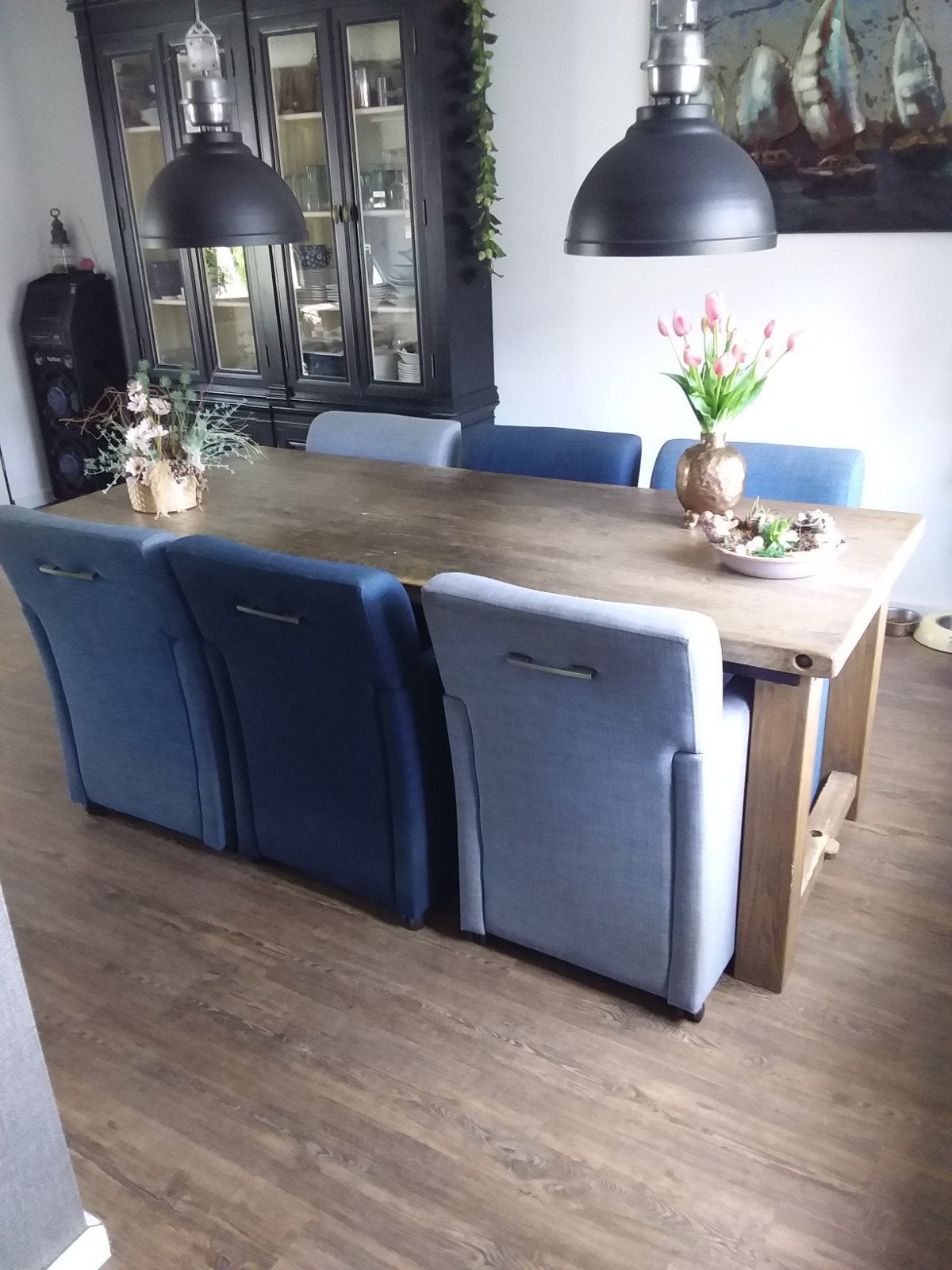Robuuste eettafel van massief hout met 6 stoelen, Huis en Inrichting, Ophalen, Gebruikt, 200 cm of meer, Vijf personen of meer