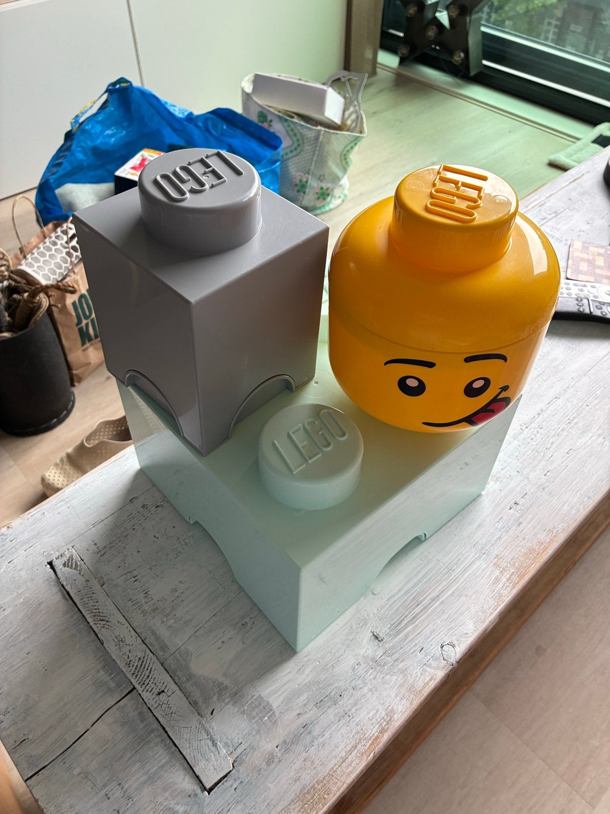 3 LEGO opbergboxen: lichtblauw, grijs & LEGO hoofd, Ophalen of Verzenden, Zo goed als nieuw