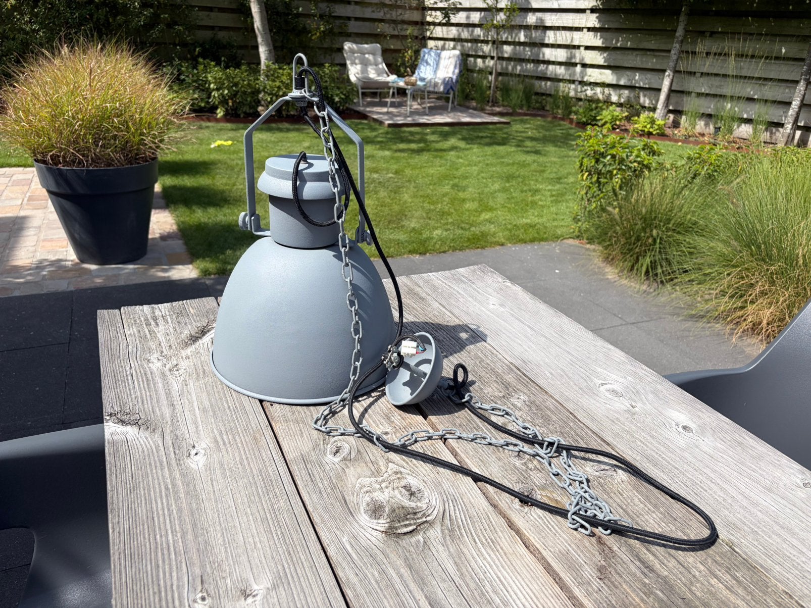 Hanglamp industrieel grijs met ketting, Ophalen, Zo goed als nieuw