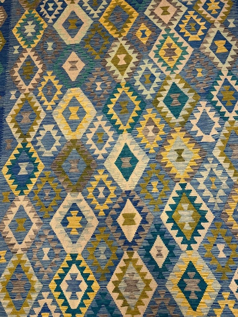 Prachtige handgeweven Kelim – 301x213 cm– geometrisch design, Geel, Wol, 200 cm of meer, Ophalen of Verzenden