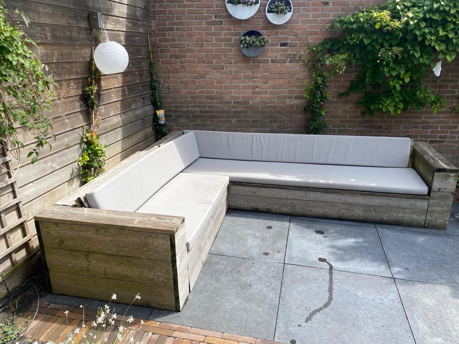 Steigerhouten loungebank met kussens gratis af te halen, Ophalen, Gebruikt, Hout