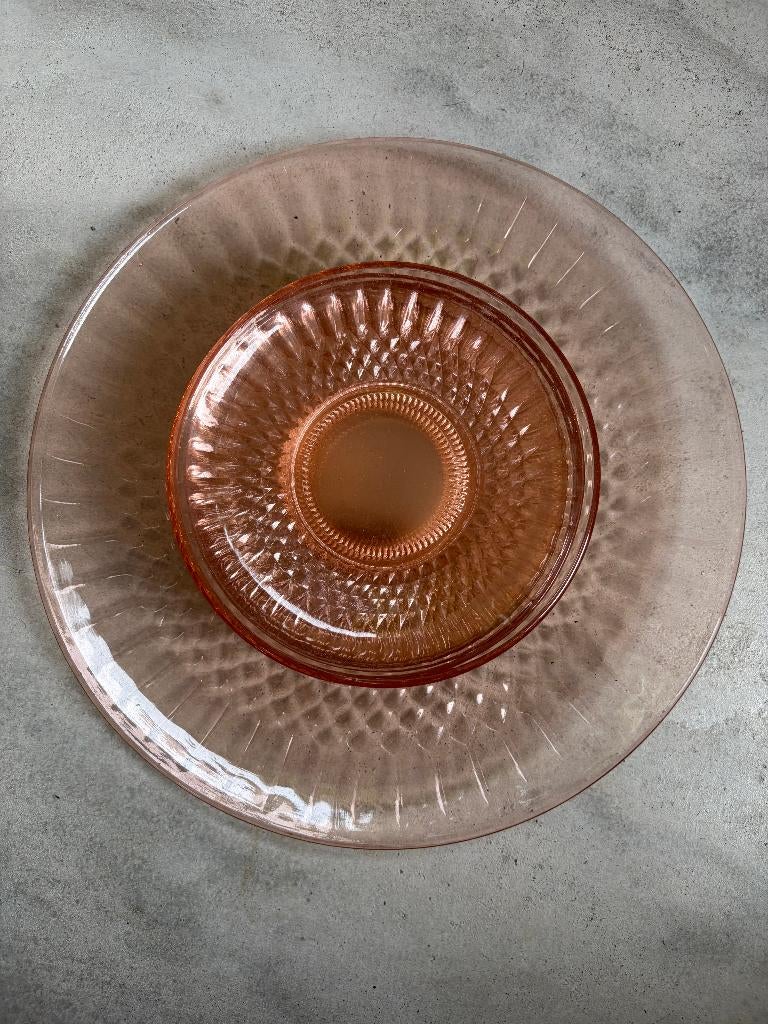 Vintage roze glazen serveerschaal met 6 schaaltjes, Antiek en Kunst, Ophalen of Verzenden