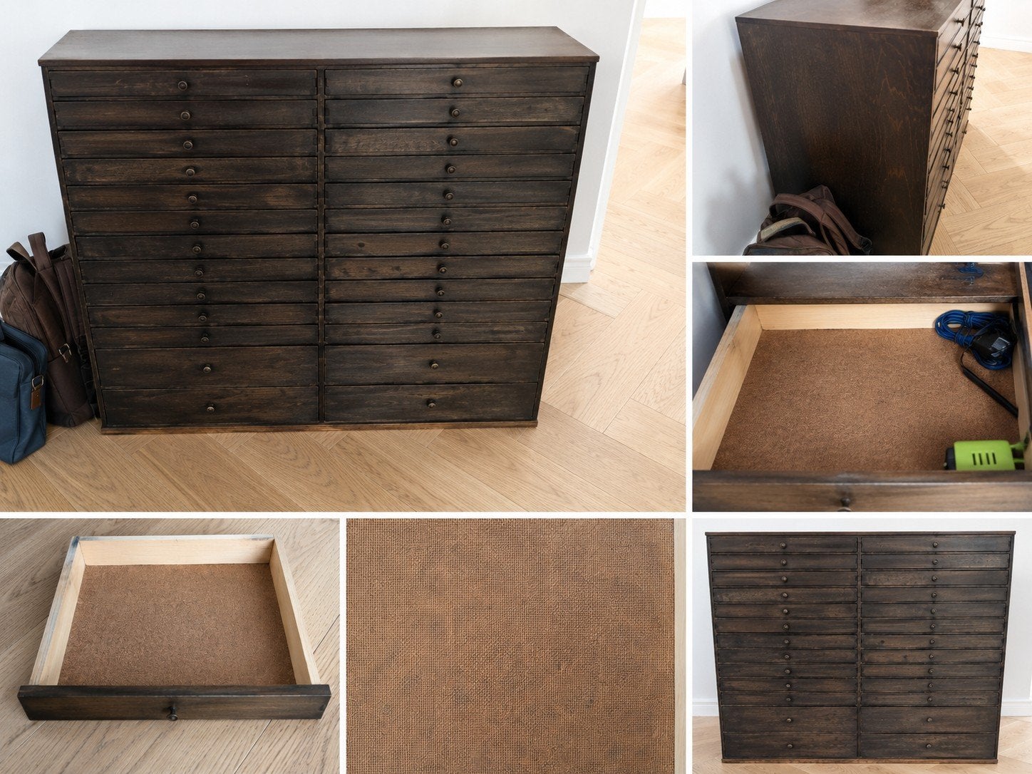 Grote ladekast / apothekerskast / letterkast – donker hout, Ophalen, Gebruikt, 25 tot 50 cm