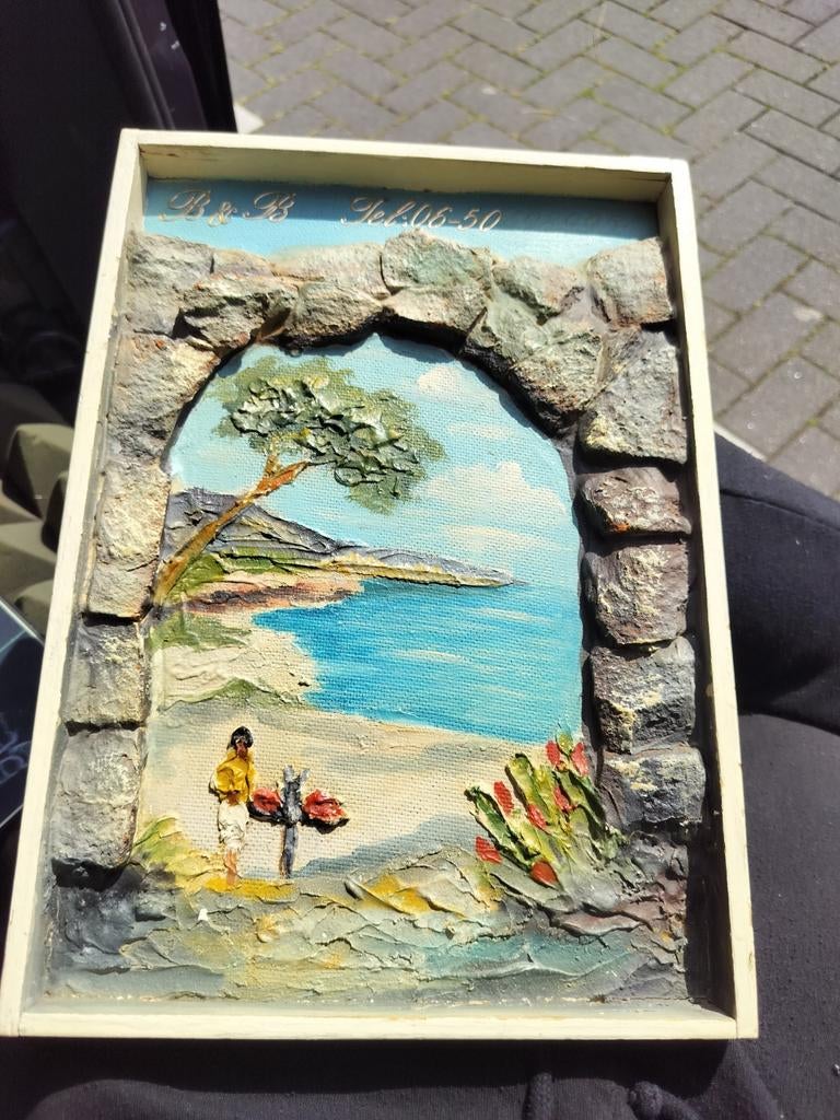 Vintage 3D Schilderij Kustlandschap met Steenboog, Ophalen of Verzenden