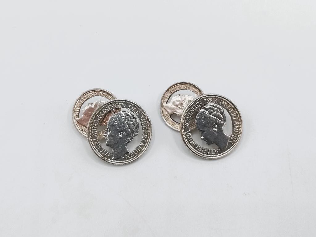 Zilveren manchetknopen gemaakt van 10 en 25 cent, Wilhelmina, Gebruikt, Info@zilverwebsite.nl, Verzenden, Zilverwebsite.nl