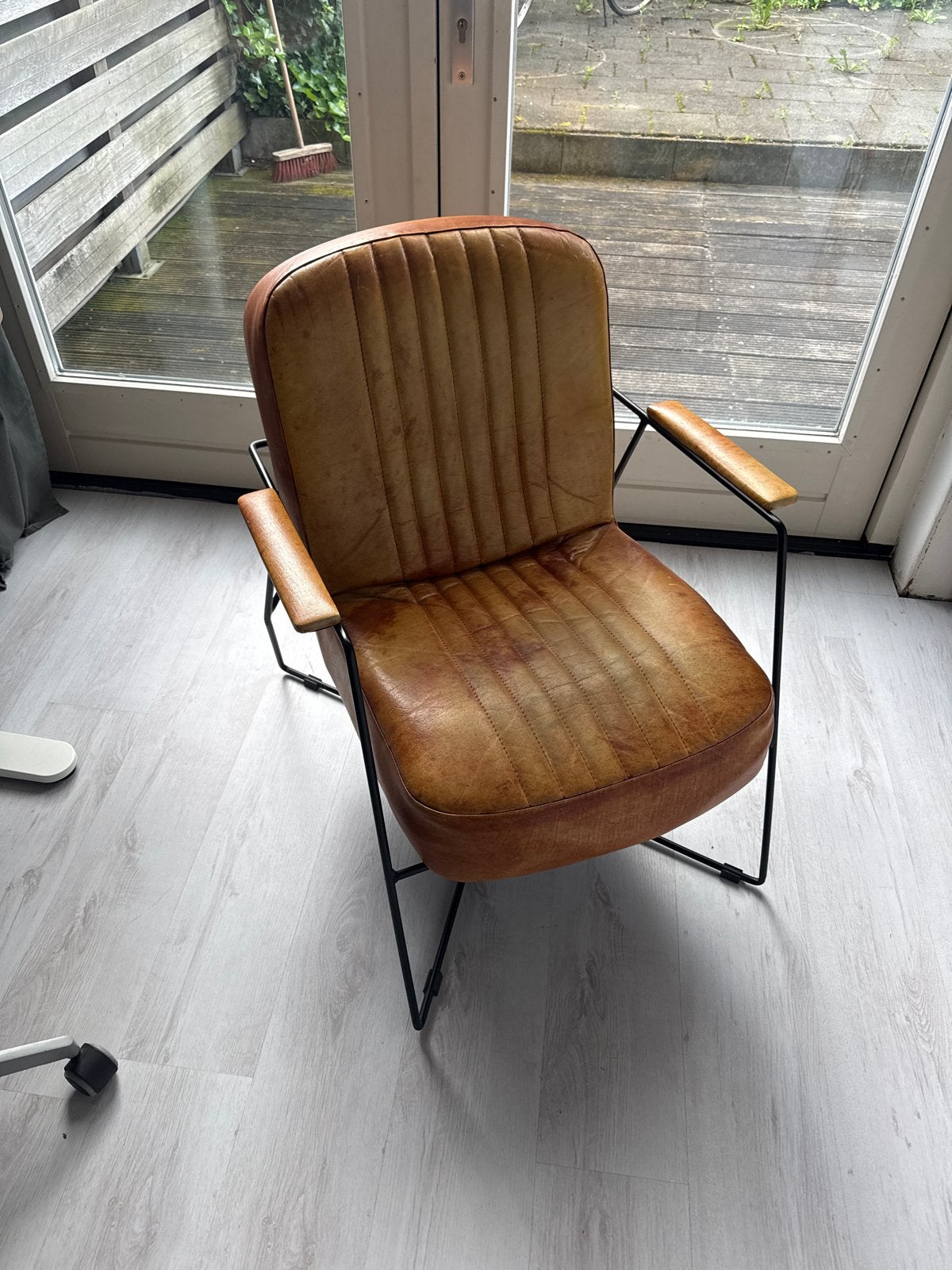 Vintage Stijl Fauteuil - Cognac Leer en Metaal, Ophalen, Gebruikt, Minder dan 75 cm, Leer