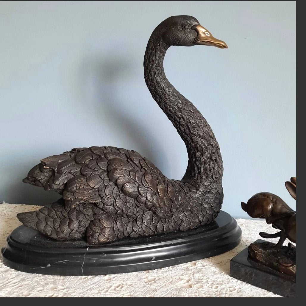 Bronzen Zwarte Zwaan Beeld op Marmeren Sokkel, Antiek en Kunst, Ophalen of Verzenden, Brons, Beeld, 20 - 50 cm