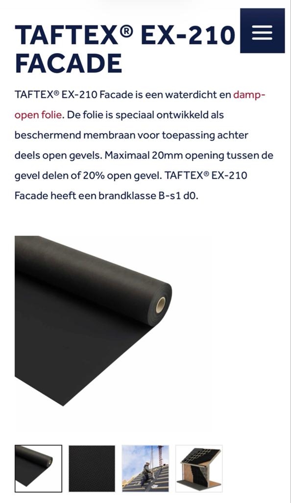 50m2 TAFTEX EX-210 Facade waterdichte en damp-open folie, Doe-het-zelf en Verbouw, Ophalen, Nieuw, 15 m² of meer, Folie