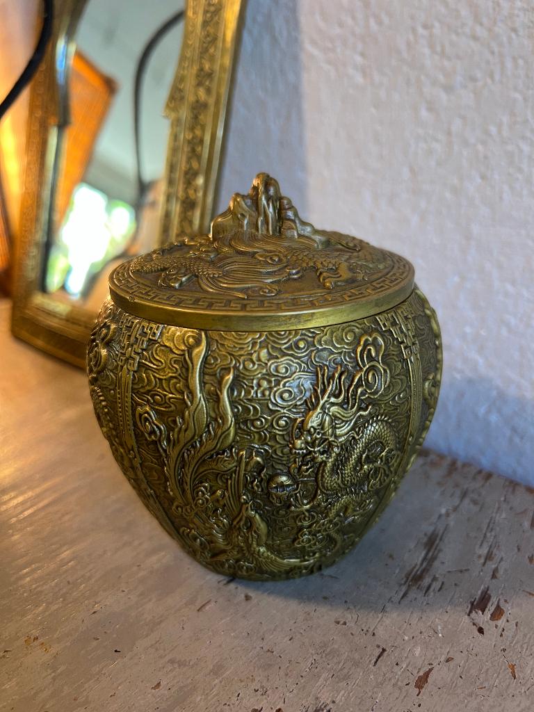 Vintage Chinees koper messing decoratie theeblik draken pot, Ophalen of Verzenden