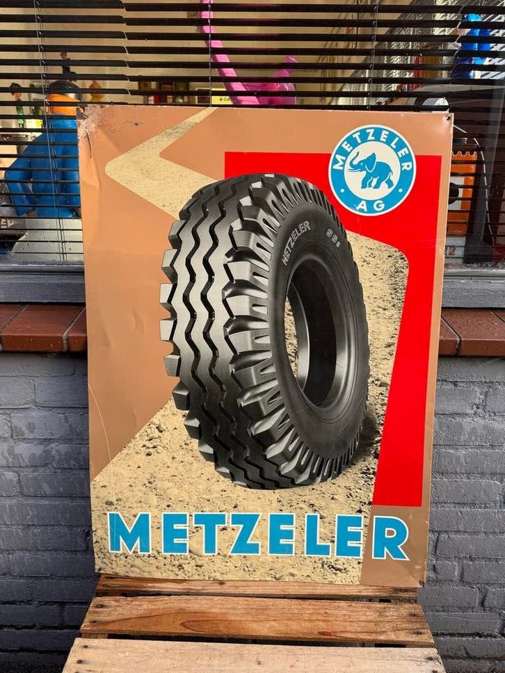 Vintage Metzeler AG Reclamebord - Banden Reclame, Ophalen, Reclamebord, Gebruikt, .