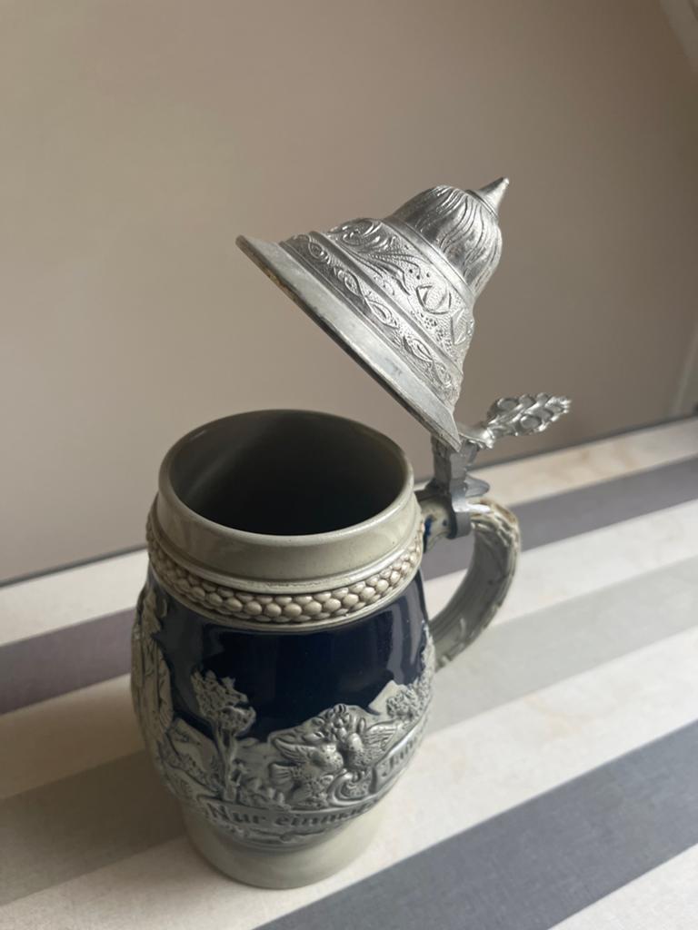 Vintage Duitse Bierpul met Tin Deksel - Handgemaakt, Ophalen, Zilver