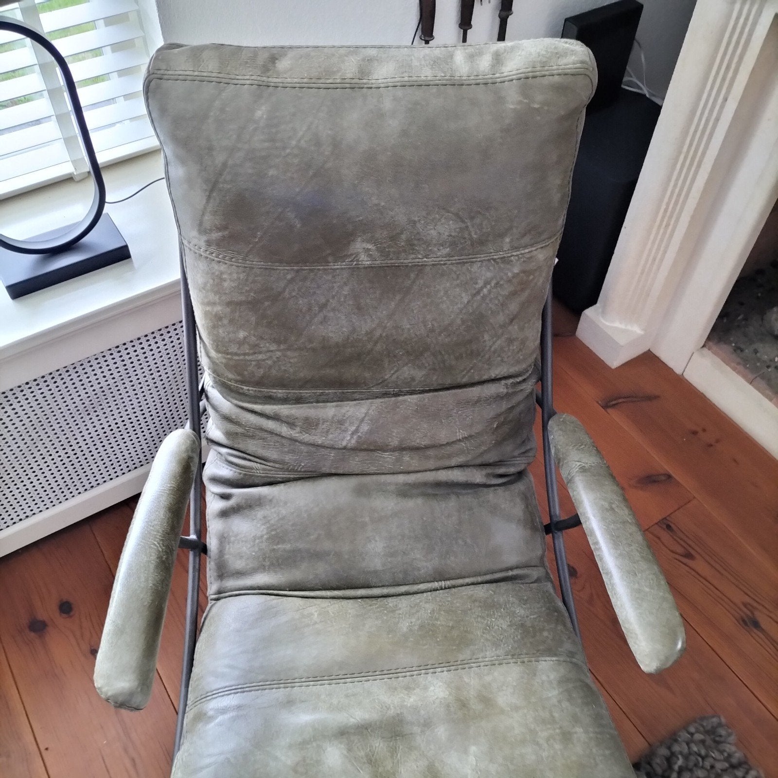 Z.g.a.n. olijfgroene leren stoel, Huis en Inrichting, Ophalen, Zo goed als nieuw, 50 tot 75 cm, Leer