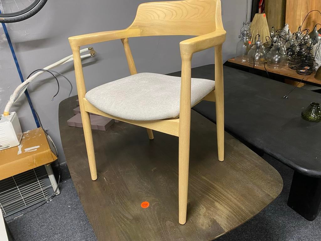 Japandi Stijl Stoel - Massief Essen Hout yorick Beige Stof
