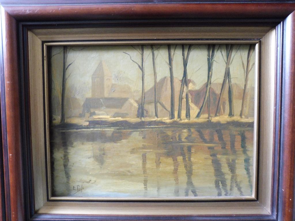 schilderij: Dorp aan de waterkant van E. Puls(1910-1981), Ophalen of Verzenden