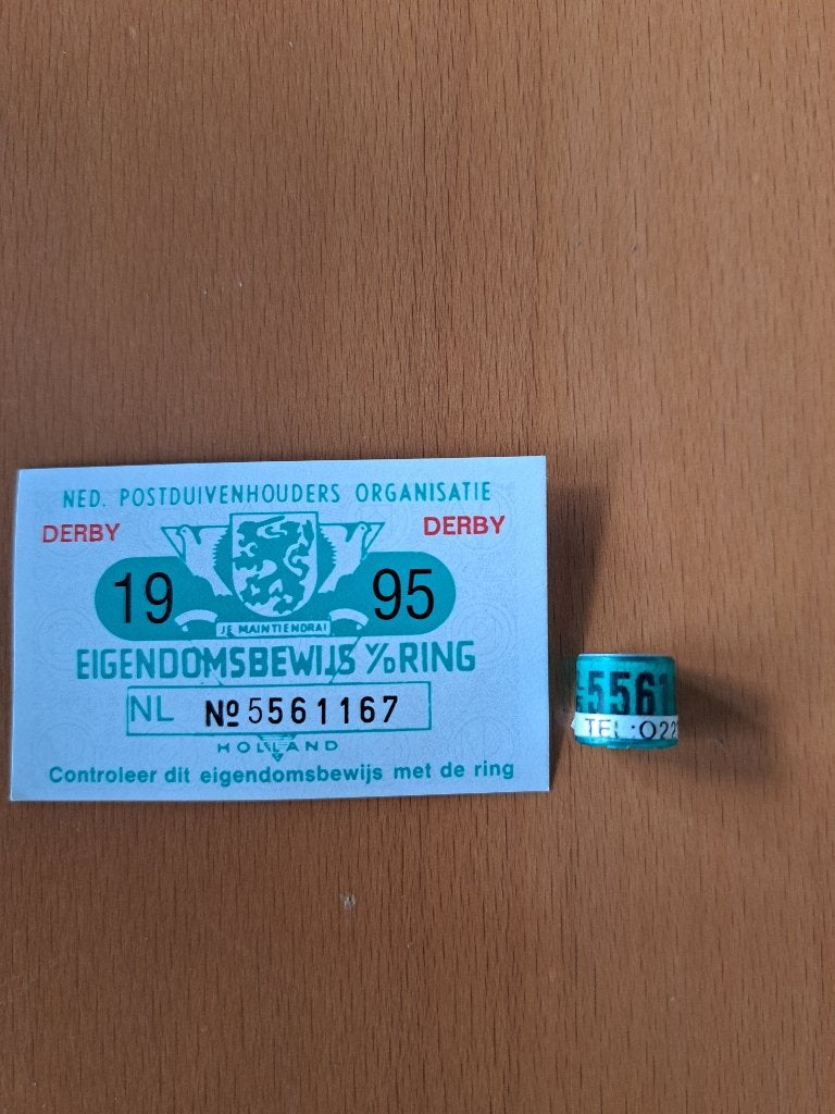 Duivenring met bewijs 1995 Derby postduiven, Ophalen of Verzenden, Overige typen