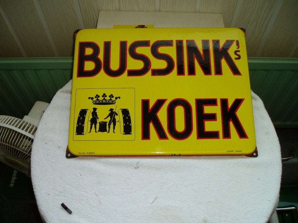 Bussink Koek Langcat  Emaille bord, Ophalen of Verzenden, Gebruikt, Reclamebord