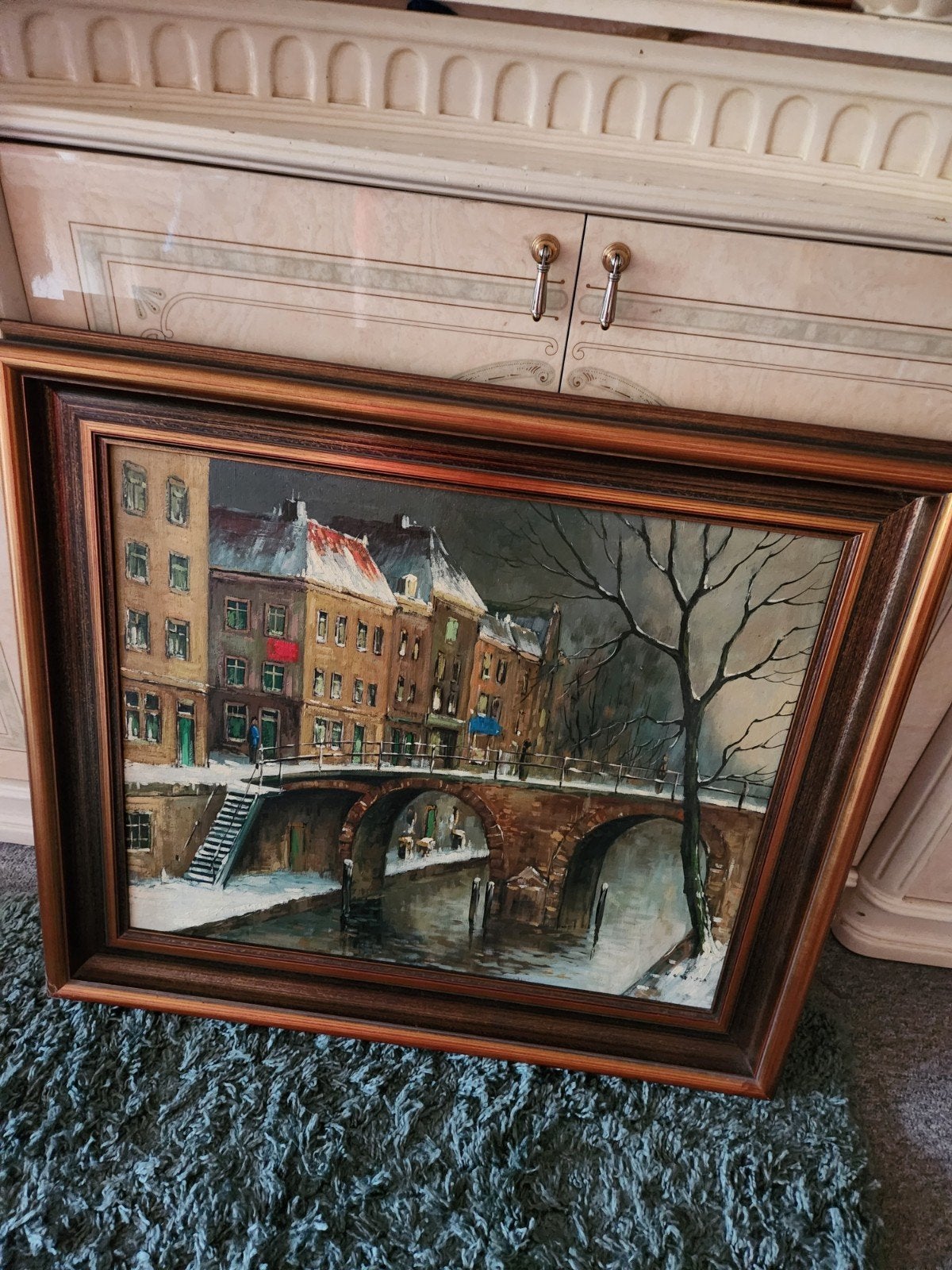Schilderij van Amsterdamse gracht met brug in de sneeuw, Antiek en Kunst, Kunst | Schilderijen | Klassiek, Ophalen of Verzenden