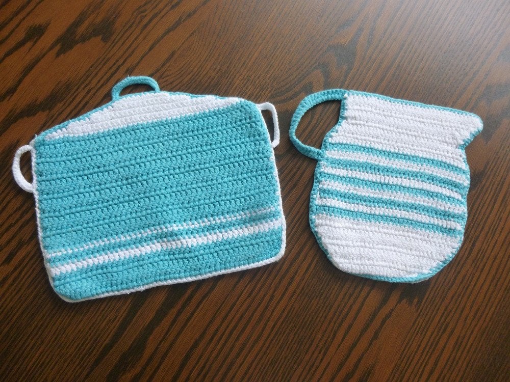 Gehaakte pannenlappen set - turquoise en wit, Ophalen of Verzenden, Huis en Inrichting