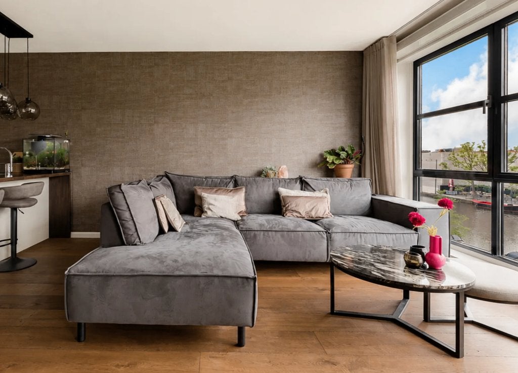 Hoekbank antraciet vegan leather, 215cm x 215cm, Ophalen, Zo goed als nieuw, 150 cm of meer, 200 tot 250 cm