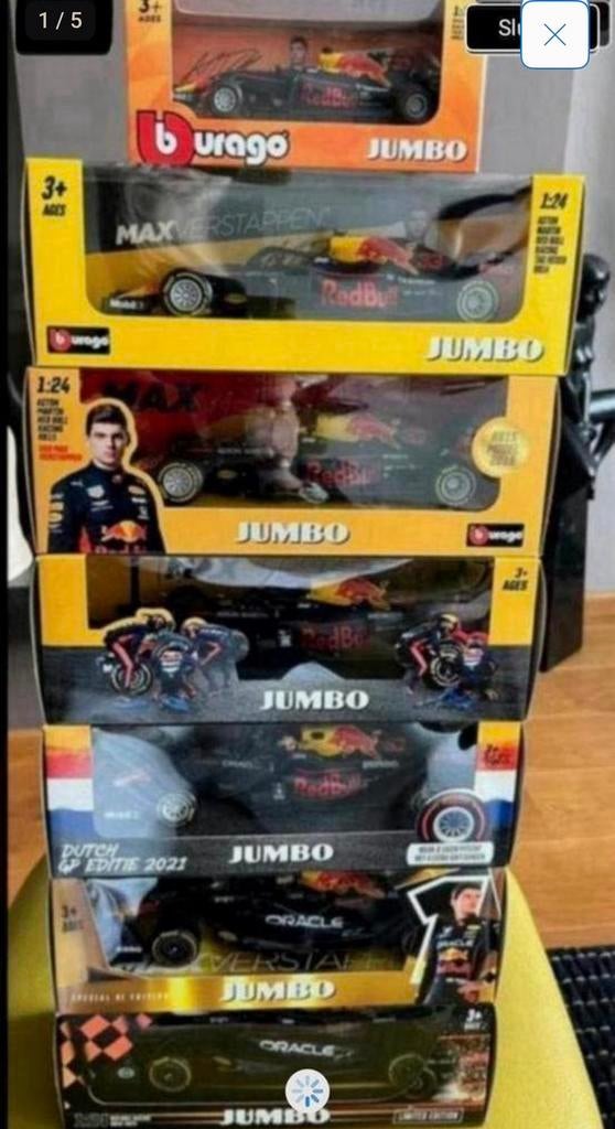 Serie van 7 st Max Verstappen Red Bull Burago auto’s Jumbo, Ophalen of Verzenden, Nieuw, Auto